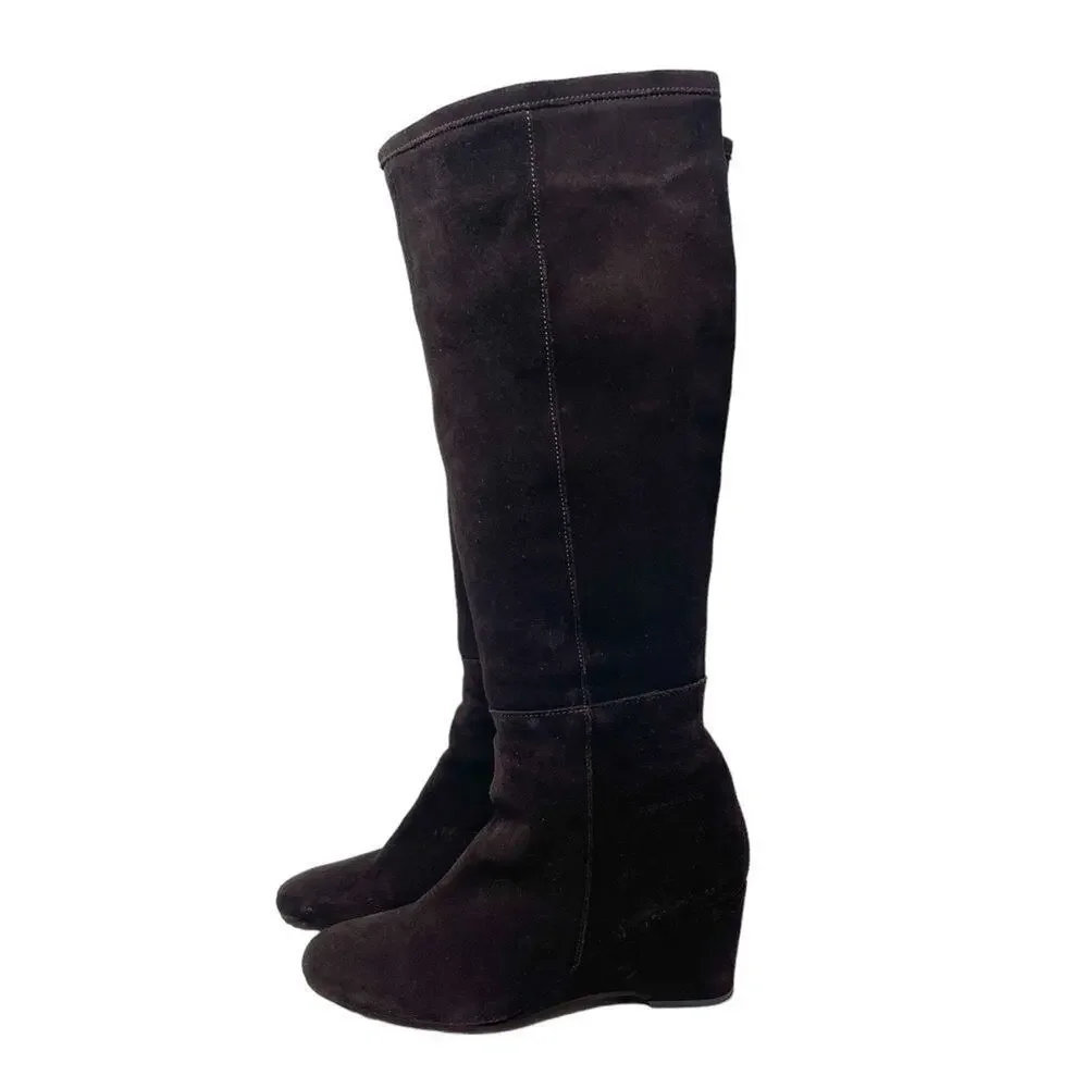 Pepe Jeans Suede Tall Wedge Heel Boots - Dark Brown - Size 40
